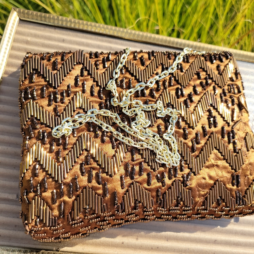 Fine Arts Beaded Bag ~ Vintage ~ Hong Kong ~ Bronze Shimmer ~ Needs TLC - Picture 3 of 16
